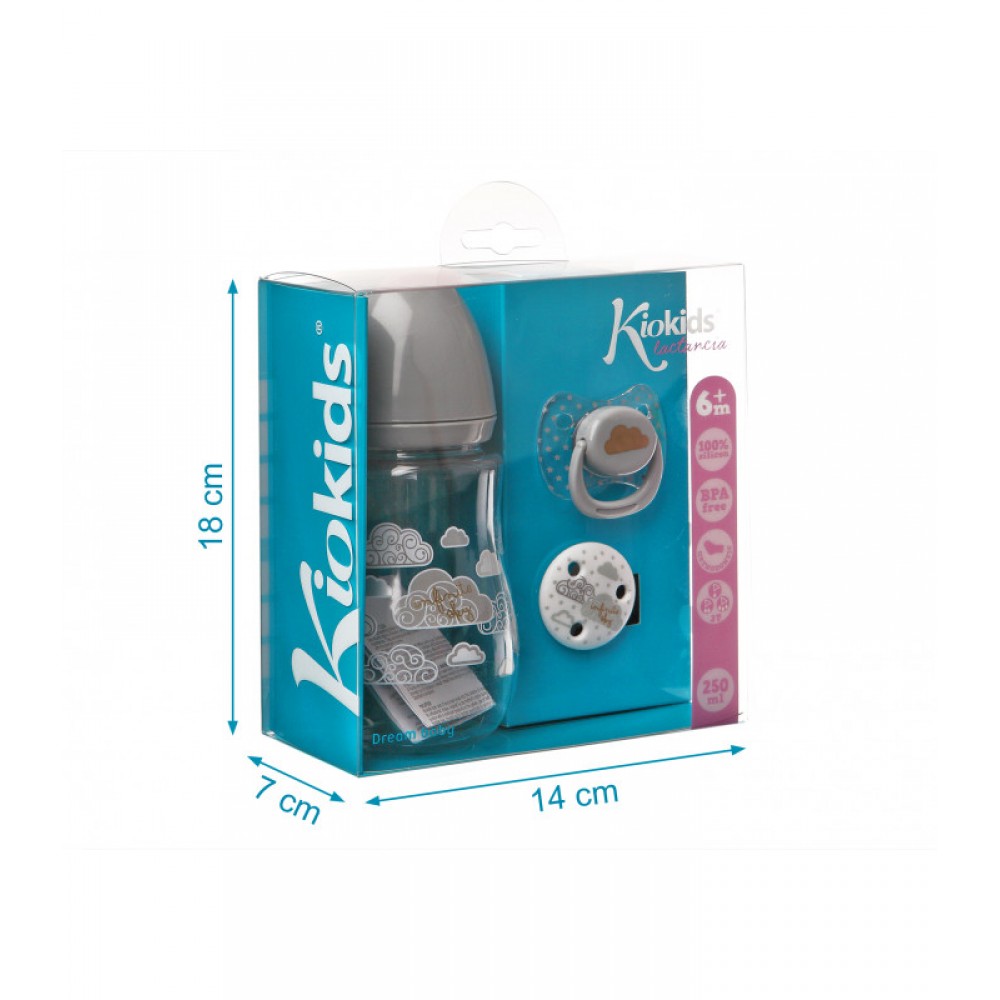 Σετ Μπιμπερό με πιπιλά και κλιπ γκρι, Kiokids Φαγητό