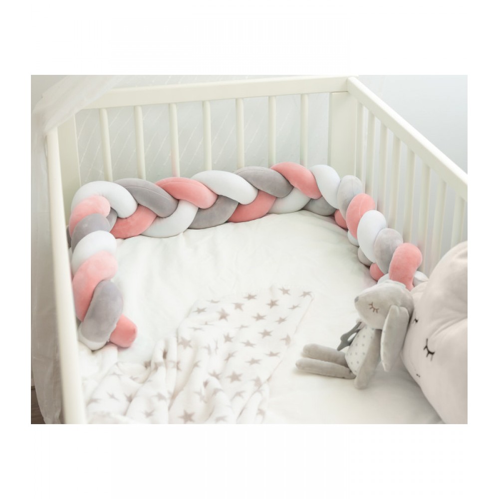 Προστατευτική Πάντα Πλεξούδα 150cm Ροζ με Γκρι, Kiokids Παιδικό δωμάτιο