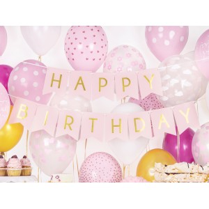 Banner Happy Birthday ροζ με χρυσά γράμματα,PartyDeco Party Time